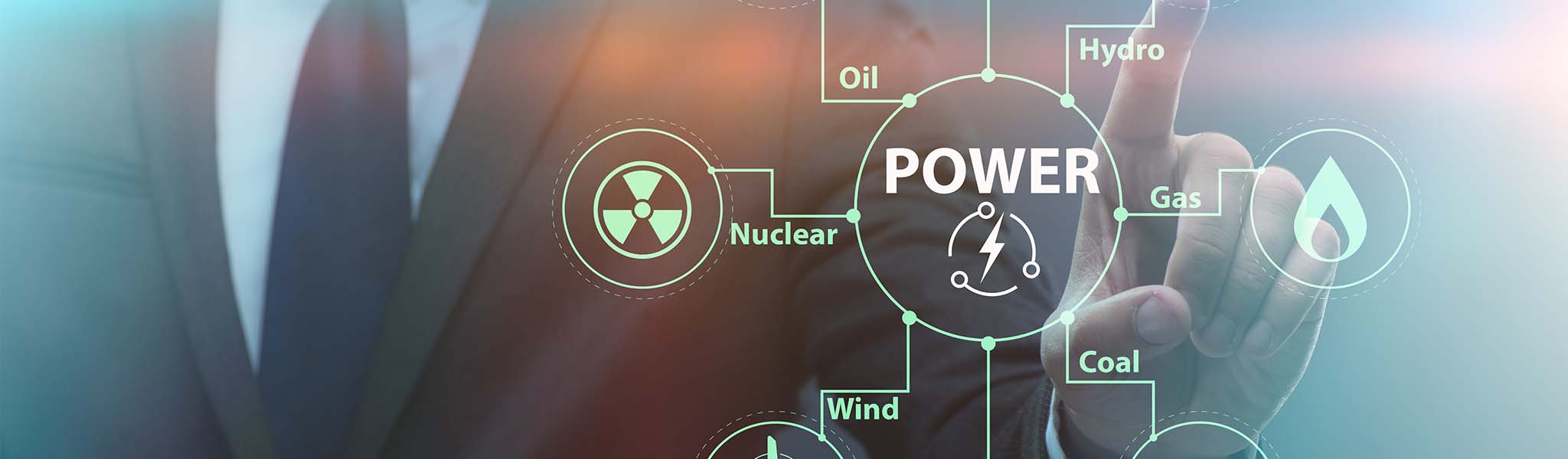 Power-related graphics overlaid on photo of businessman making selections